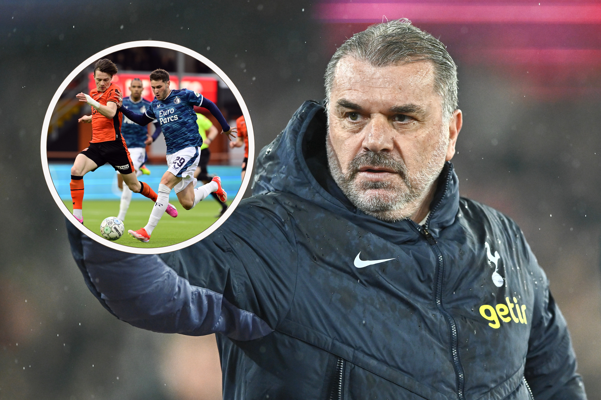 Ange Postecoglou wearing Tottenham jacket. Inset, Santiago Gimenez in action for Feyenoord against Volendam