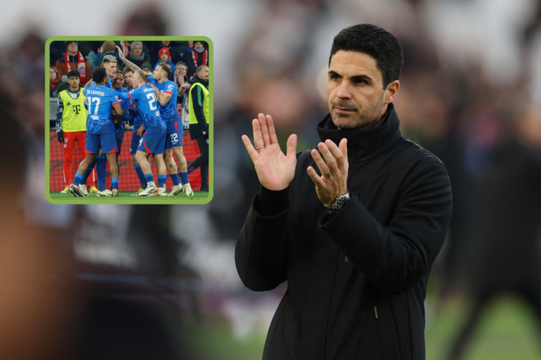 Mikel Arteta applauds, inset, Benjamin Sesko is mobbed by his RB Leipzig teammates