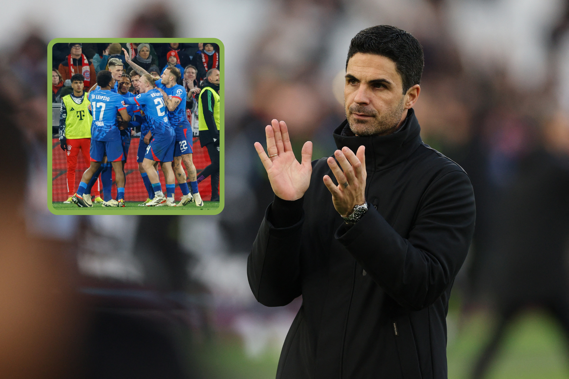 Mikel Arteta applauds, inset, Benjamin Sesko is mobbed by his RB Leipzig teammates