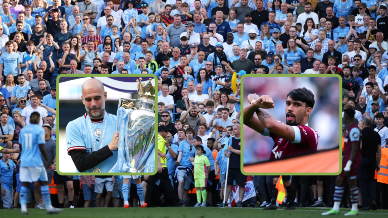 Manchester City fans at The Etihad. Inset, headshots of Pep Guardiola with Premier League trophy, and West Ham's Lucas Paqueta