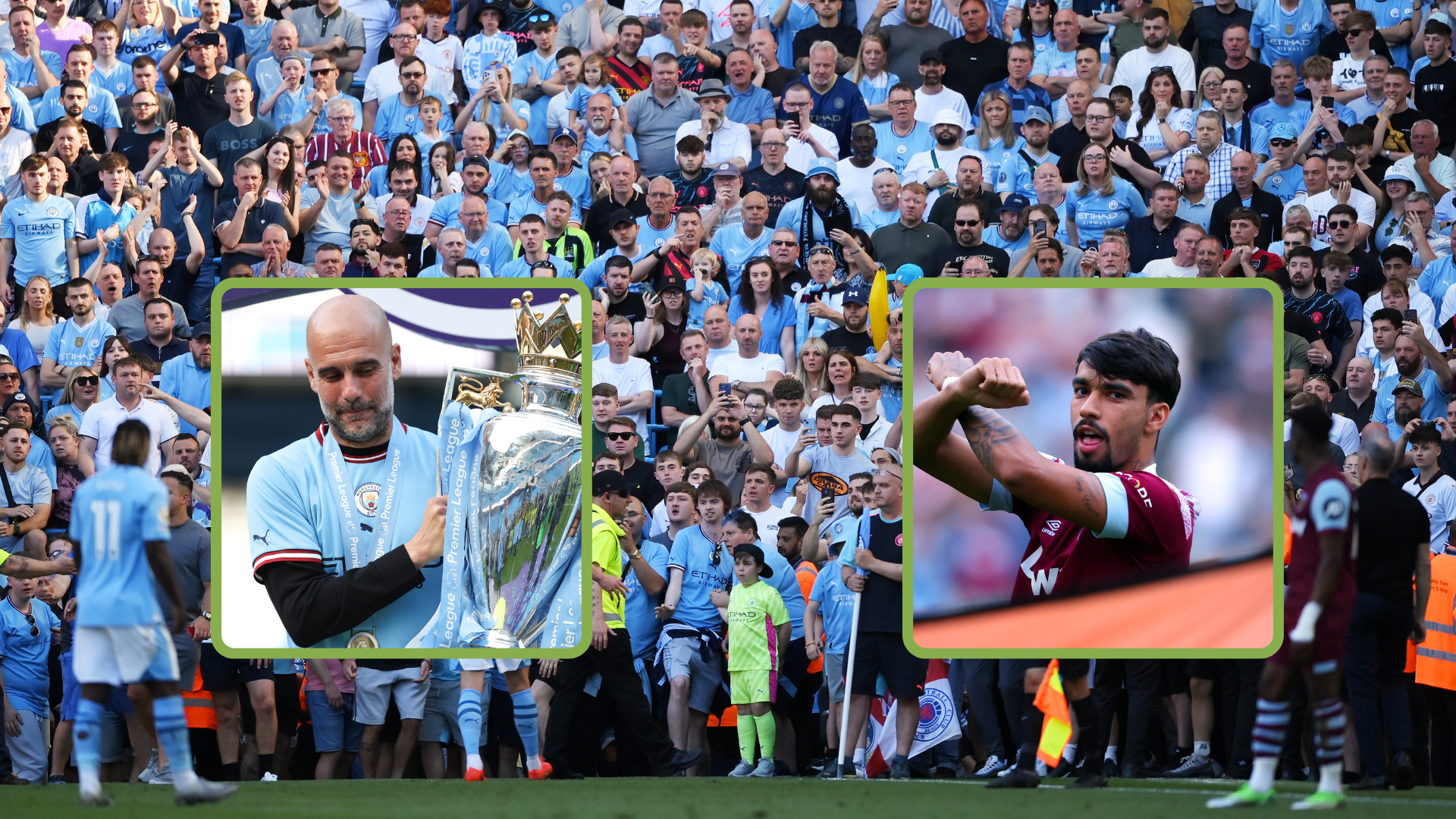 Manchester City fans at The Etihad. Inset, headshots of Pep Guardiola with Premier League trophy, and West Ham's Lucas Paqueta