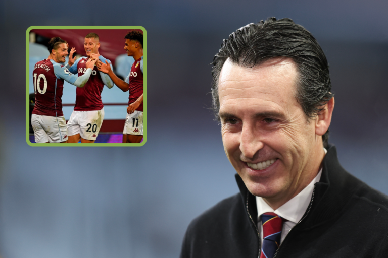Unai Emery grins, inset, Ross Barkley, Jack Grealish, Ollie Watkins celebrate Aston Villa goal