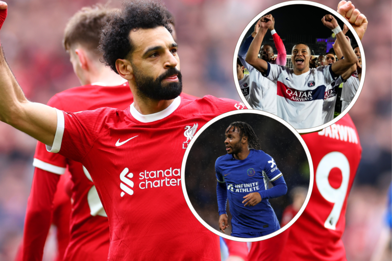 Mohamed Salah celebrates: Inset, Kylian Mbappe cheers, second inset, Raheem Sterling in action for Chelsea