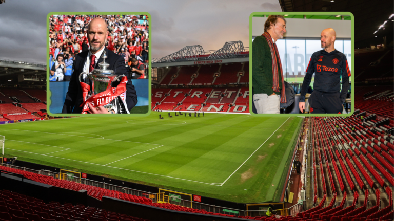Old Trafford general image interior. Inset, Erik ten Hag holds FA Cup, inset, Ten Hag meets Sir Jim Ratcliffe at Carrington