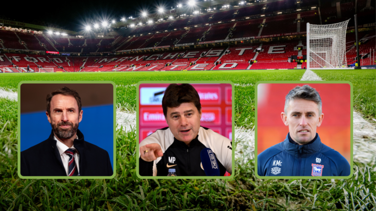 Old Trafford general shot interior at night. Insets, headshots of Gareth Southgate, Mauricio Pochettino, Kieran McKenna