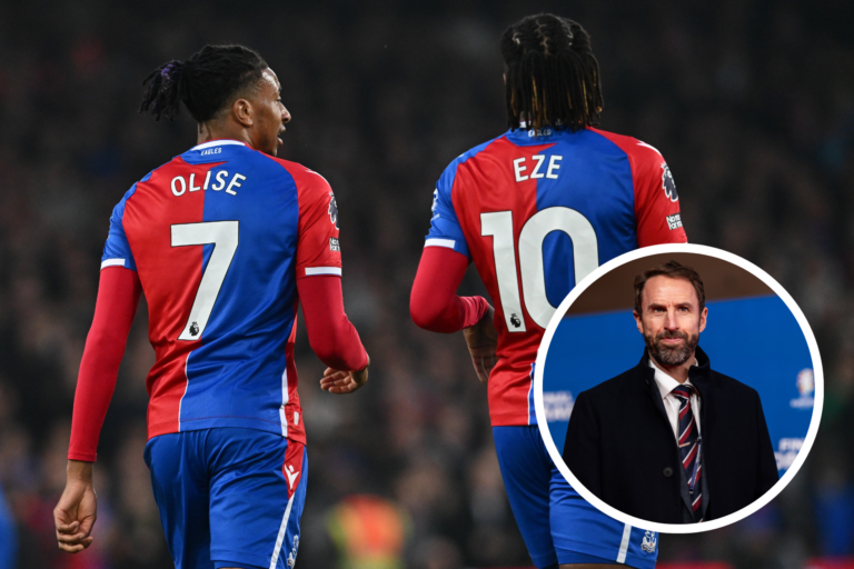 Michael Olise and Eberechi Eze in action for Crystal Palace, inset Gareth Southgate smiles