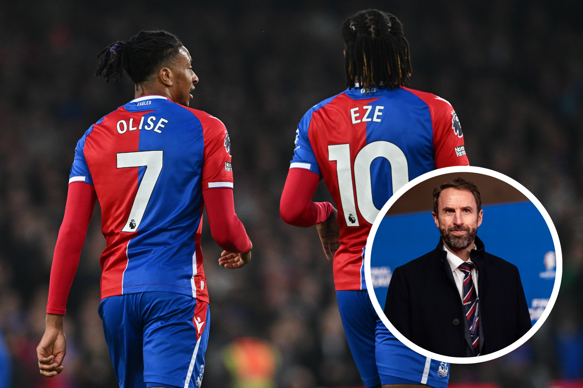 Michael Olise and Eberechi Eze in action for Crystal Palace, inset Gareth Southgate smiles
