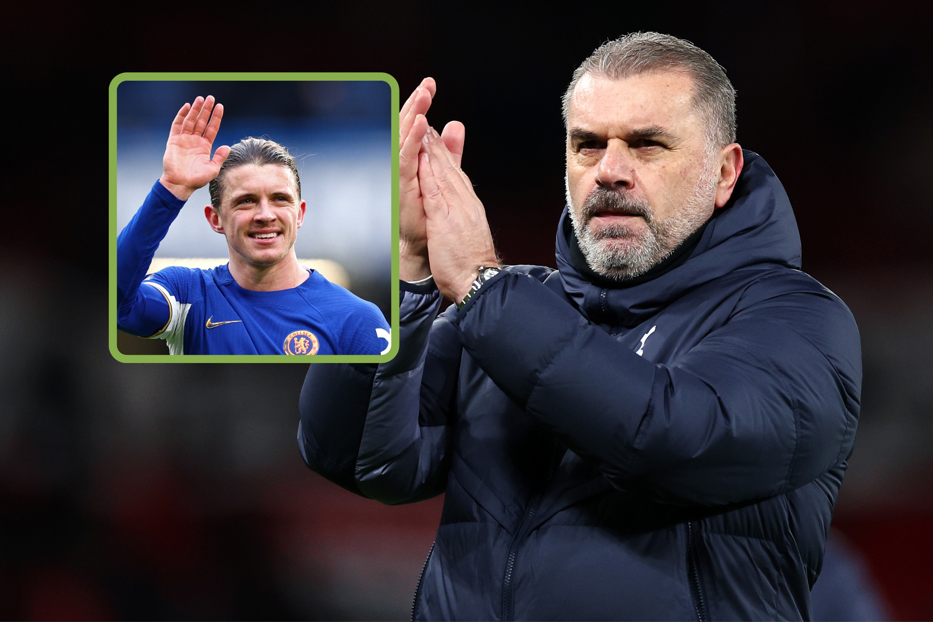 Ange Postecoglou applauds, inset, Chelsea's Conor Gallagher waves