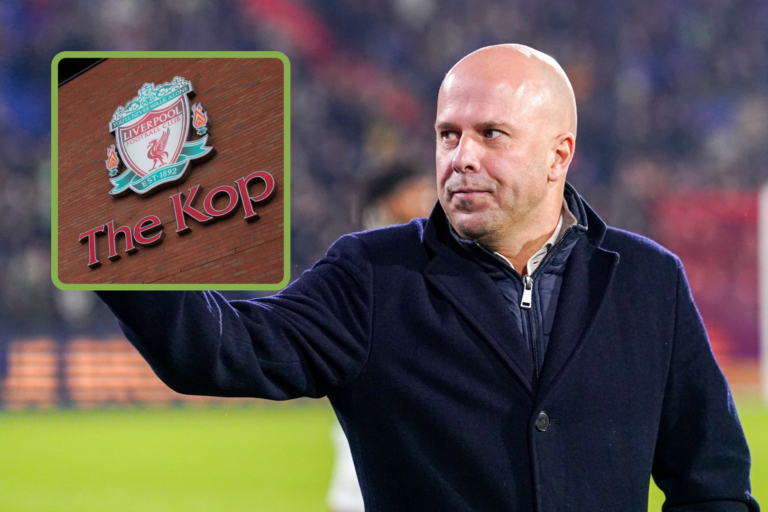 Arne Slot waves, inset, exterior of The Kop sign at Anfield