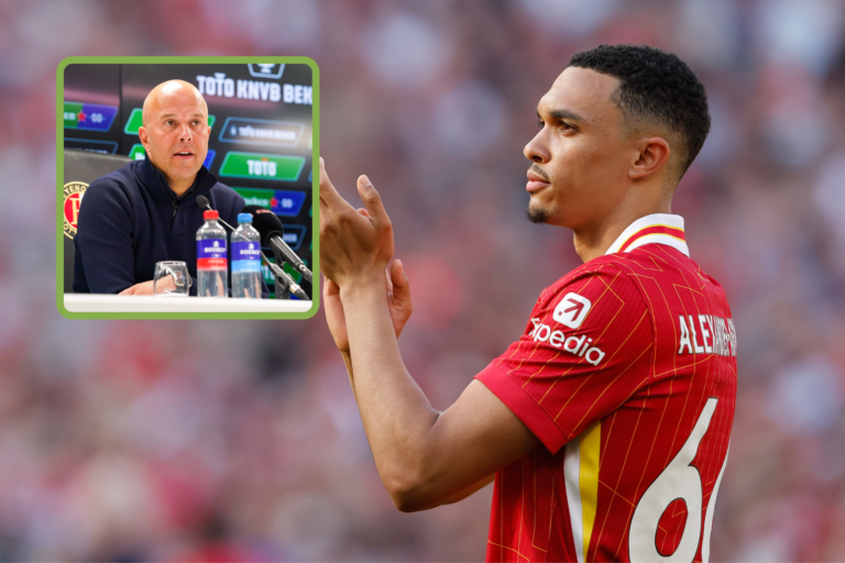 Trent Alexander-Arnold applauds Liverpool fans. Inset, Arne Slot press conference at Feyenoord