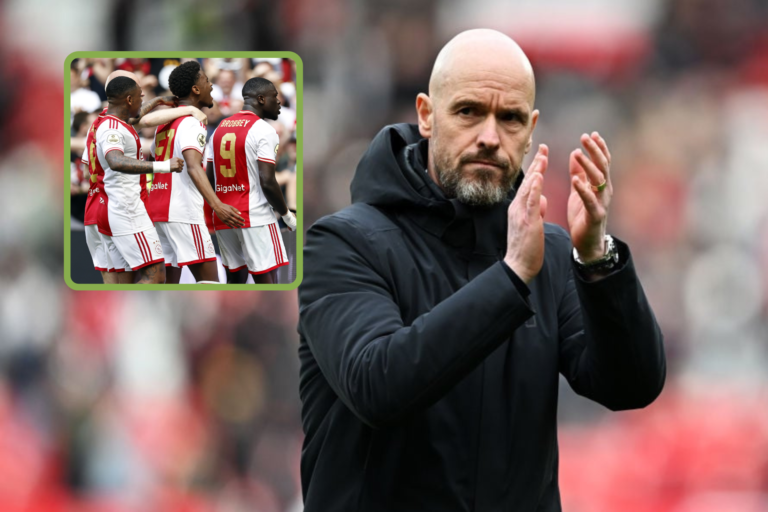 Erik ten Hag claps. Inset, Jorrel Hato, Steven Bergwijn and Brian Brobbey celebrate for Ajax