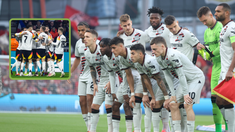 Bayer Leverkusen team photo at Europa League final, inset, Germany players celebrate a goal in a huddle