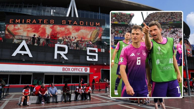 Emirates Stadium, home of Arsenal. Inset, Joshua Kimmich and Thomas Mueller of Germany.