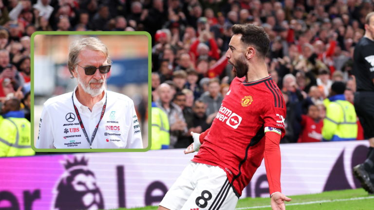 Bruno Fernandes celebrates a goal with a kneeslide, inset, Sir Jim Ratcliffe with sunglasses