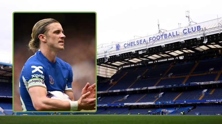 General view inside Stamford Bridge stadium ahead of a match. Inset, Conor Gallagher of Chelsea applauds supporters.