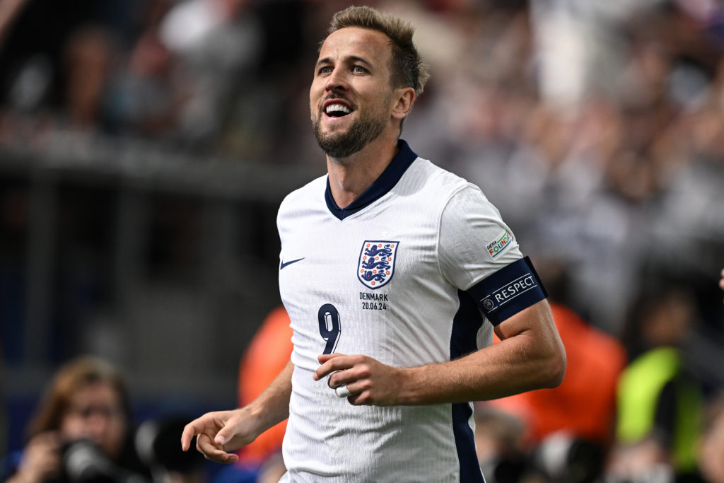 Harry Kane celebrates his goal for England in their match at the 2024 European Championships against Denmark.