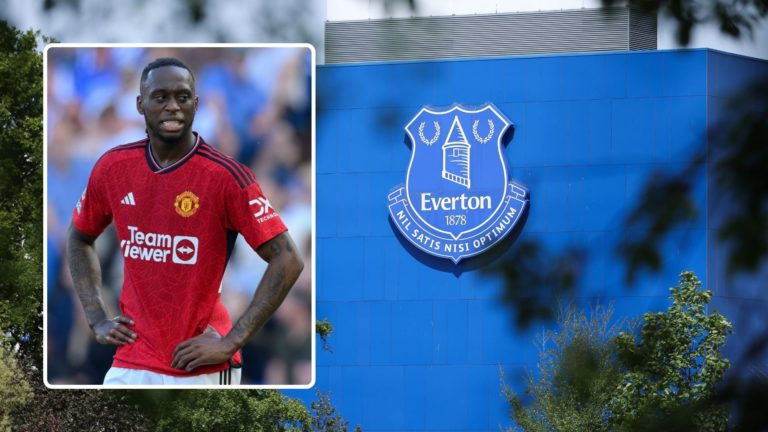 General view of the club badge of Everton on Goodison Park. Inset, Manchester United's Aaron Wan-Bissaka.
