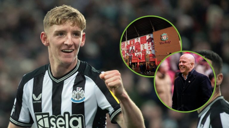 Anthony Gordon of Newcastle United celebrates. Inset, Arne Slot and the Kop stand of Anfield Stadium.