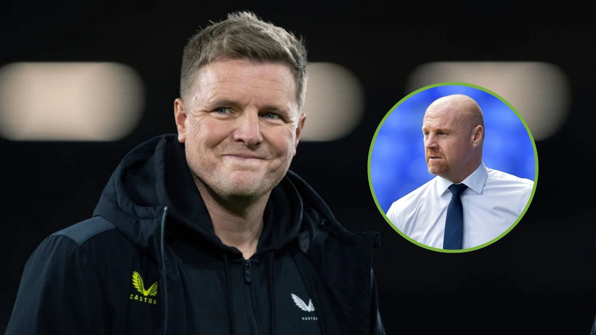 A smiling Eddie Howe, Manager of Newcastle United, prior to the Emirates FA Cup Fourth Round match. Inset, Sean Dyche of Everton.