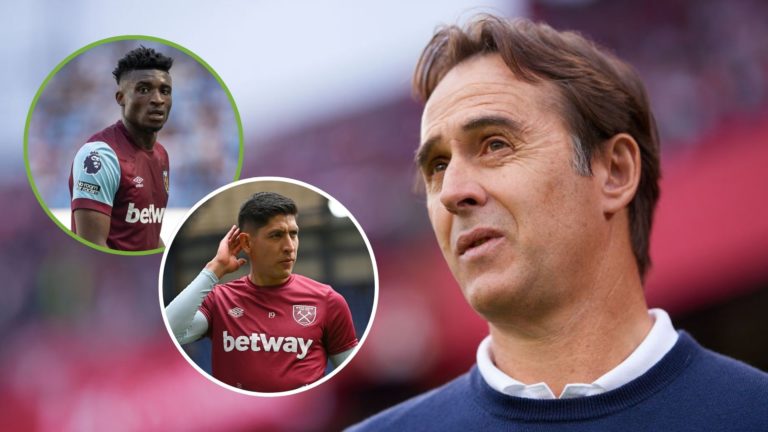 Julen Lopetegui, manager of Sevilla FC, looks on during La Liga match. Inset, Edson Alvarez and Mohammed Kudus of West Ham United.