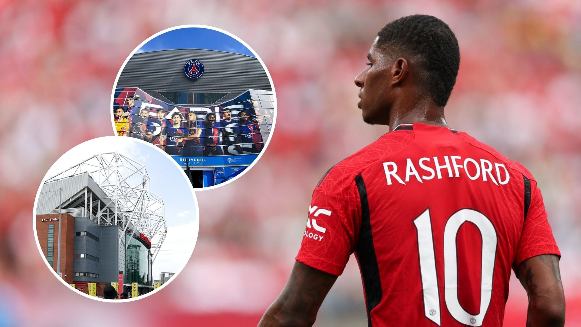 Marcus Rashford of Manchester United during the USA summer friendly game. Inset, General view outside Old Trafford, and general view outside Parc d...