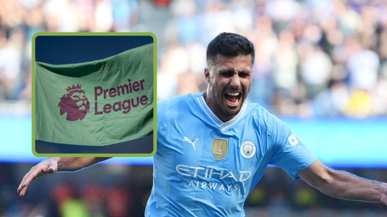 Rodri celebrates scoring for Manchester City. Inset, Premier League logo on a flag