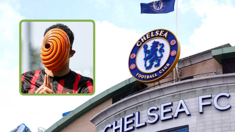 Chelsea crest outside Stamford Bridge, inset Dominic Solanke of Bournemouth dons a Japanese Anime mask in celebration
