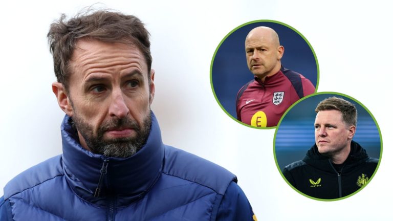 Gareth Southgate looks on during a training session. Inset, Eddie Howe and Lee Carsley.