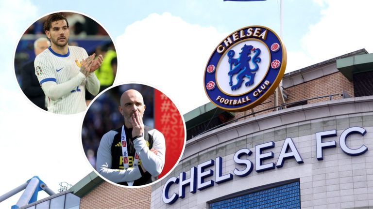 Image of Stamford Bridge. Inset, two images of Theo Hernandez and Enzo Maresca.