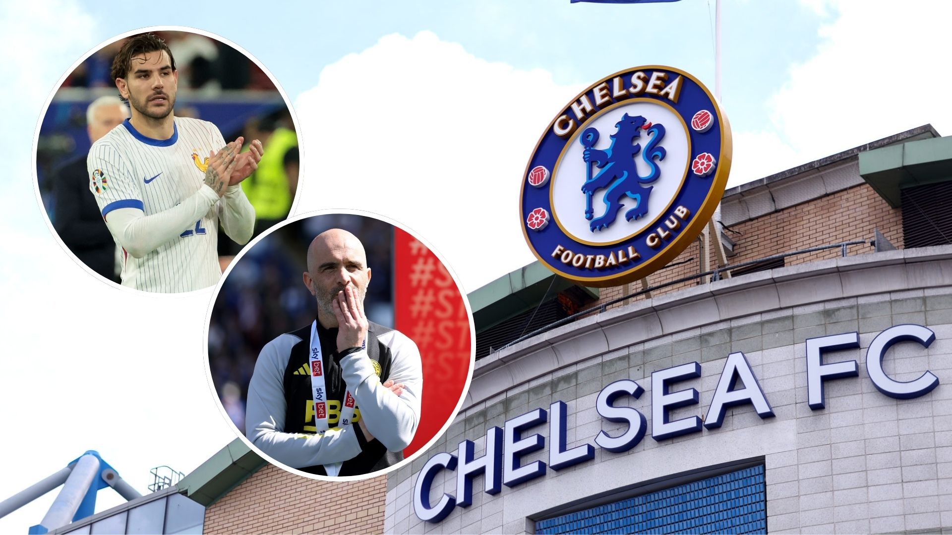 Image of Stamford Bridge. Inset, two images of Theo Hernandez and Enzo Maresca.