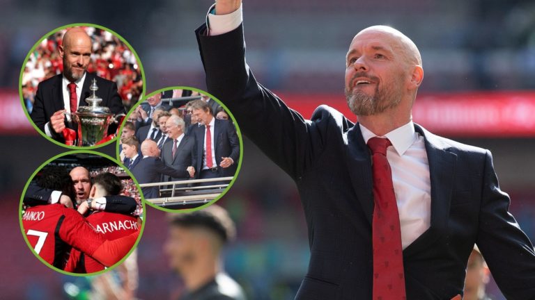 Erik Ten Hag, manager of Man United, celebrates after winning the Emirates FA Cup. Inset, three images of Ten Hag with Mainoo and Garnacho, Ten Hag...