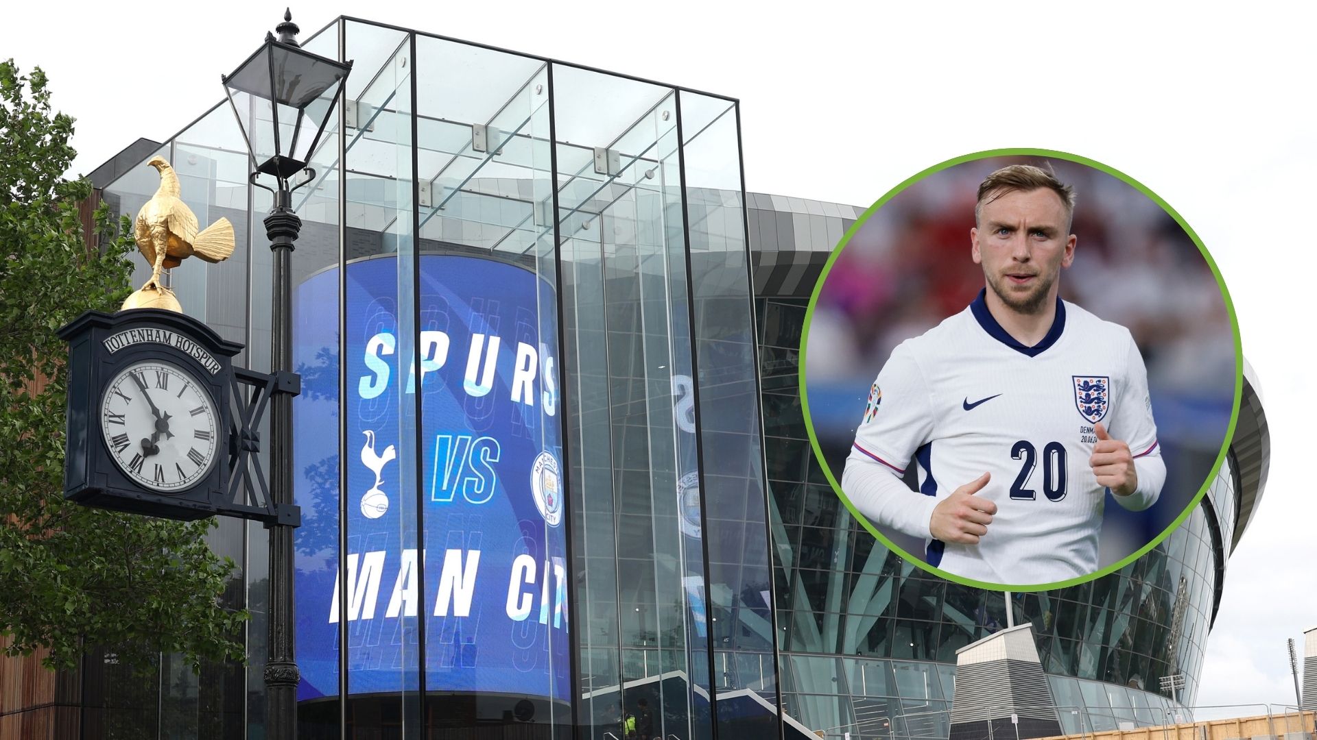 General view outside Tottenham stadium as fans await entry. Inset, Jarrod Bowen of England running.