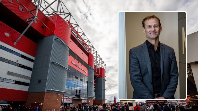 General view of the exterior of Old Trafford. Inset, Newcastle United's Sporting Director Dan Ashworth poses.