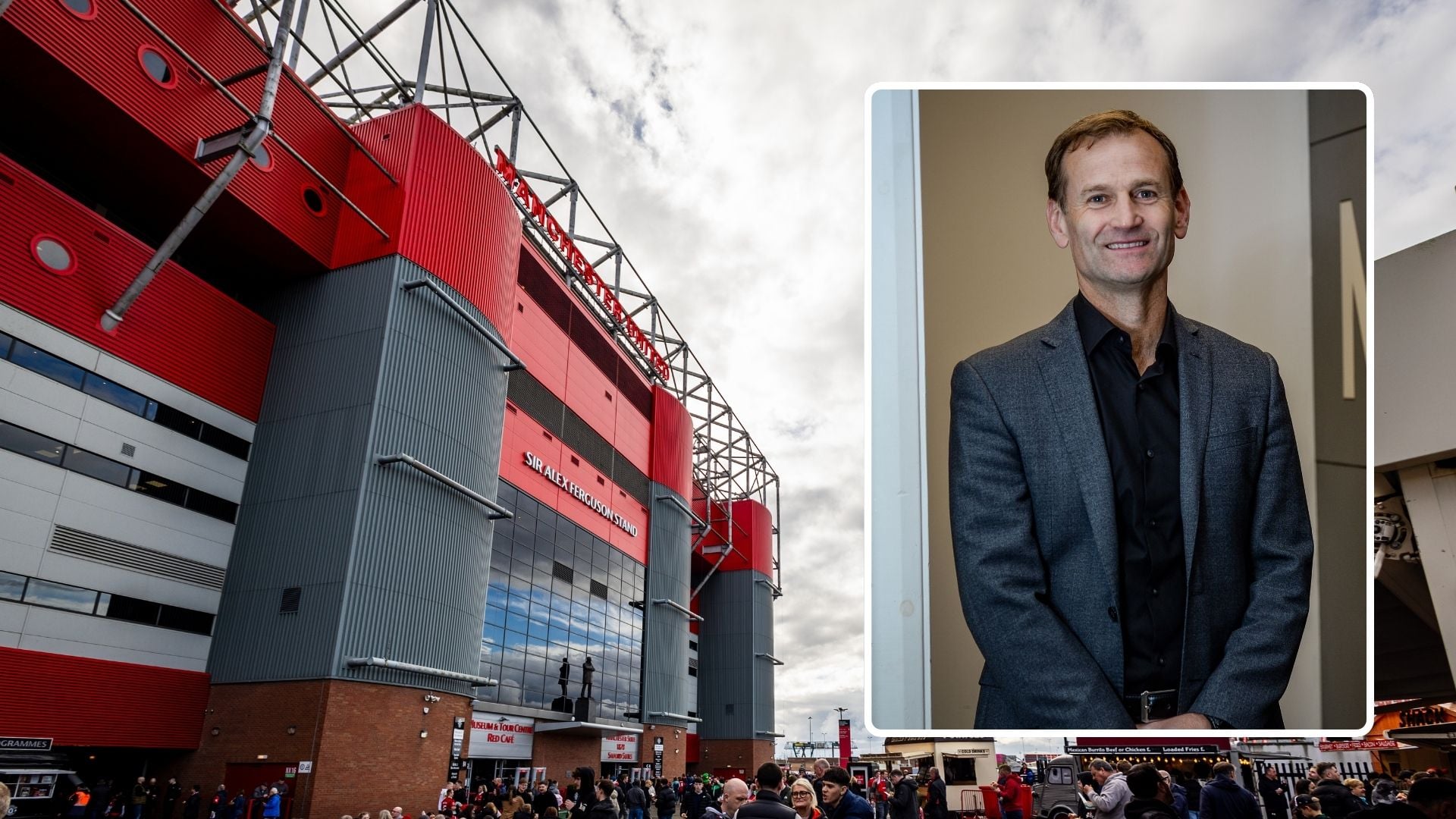 General view of the exterior of Old Trafford. Inset, Newcastle United's Sporting Director Dan Ashworth poses.