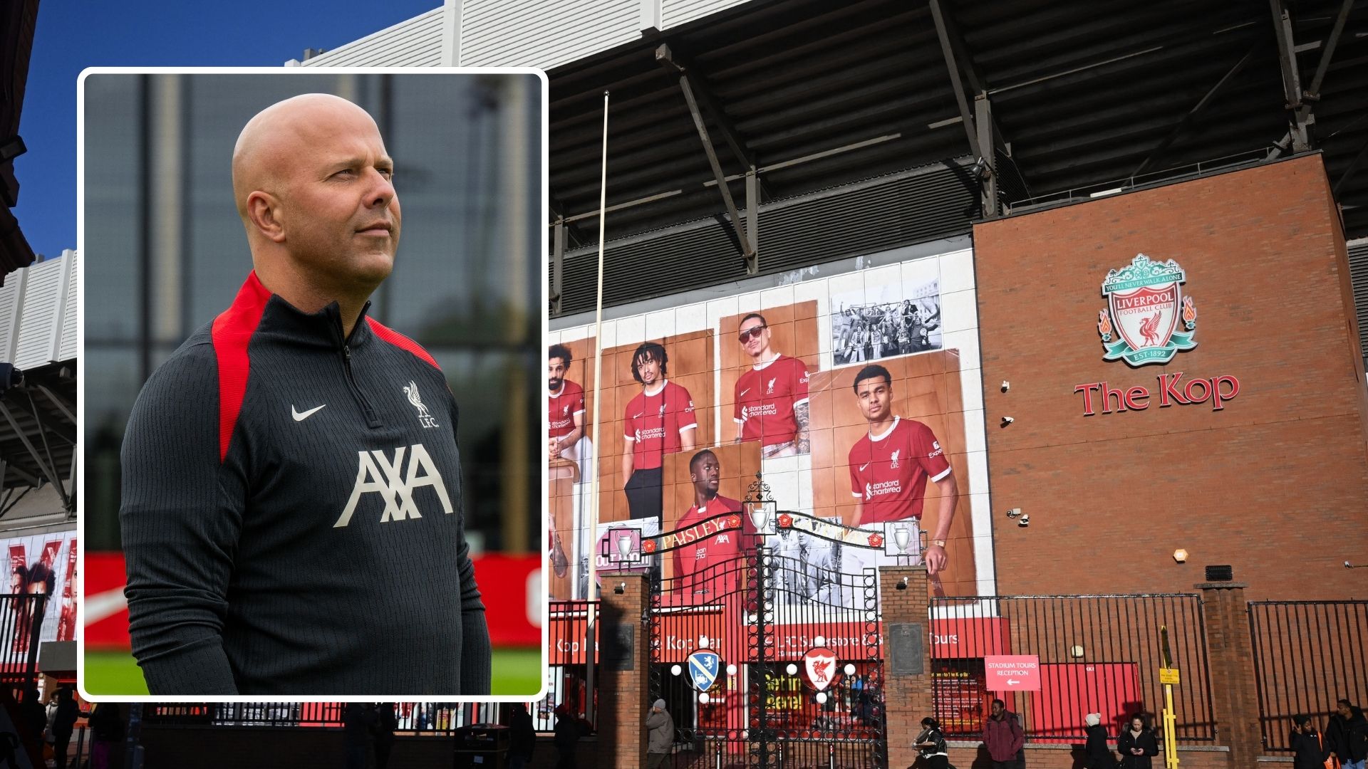 General exterior view outside Anfield Stadium. Inset, Arne Slot of Lierpool at the AXA Training Centre.
