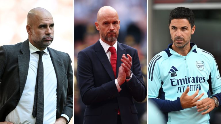 Split image of Erik ten Hag, Pep Guardiola, and Mikel Arteta.