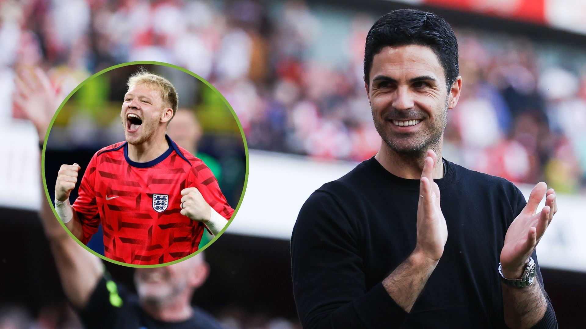 Mikel Arteta, manager of Arsenal, acknowledges the home support. Inset, Aaron Ramsdale, Goalkeeper of England.