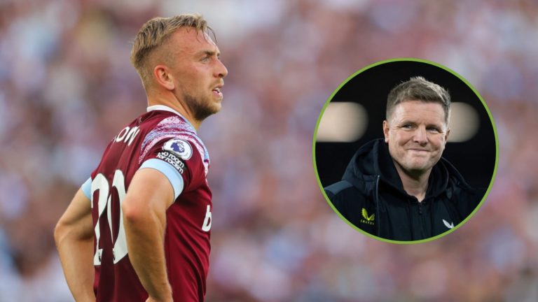 Jarrod Bowen of West Ham United during the Premier League match. Inset, Eddie Howe, manager of Newcastle United.