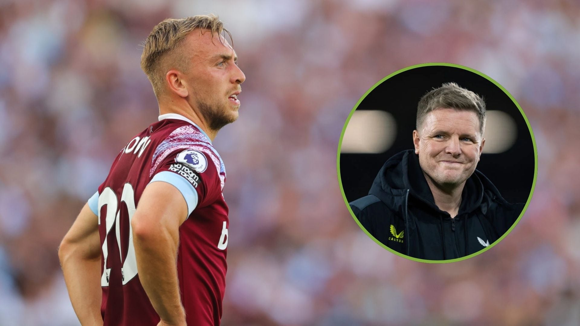 Jarrod Bowen of West Ham United during the Premier League match. Inset, Eddie Howe, manager of Newcastle United.