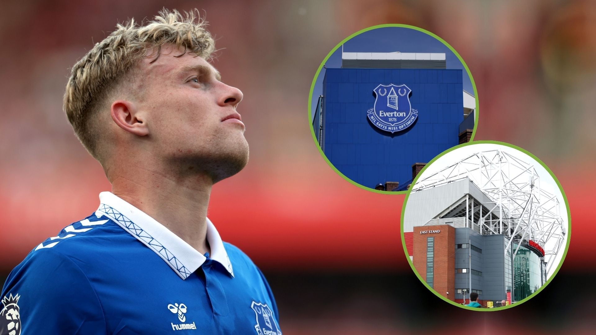 Jarrad Branthwaite of Everton during the Premier League match between Arsenal FC and Everton FC. Inset, two images of Goodison Park and Old Trafford.