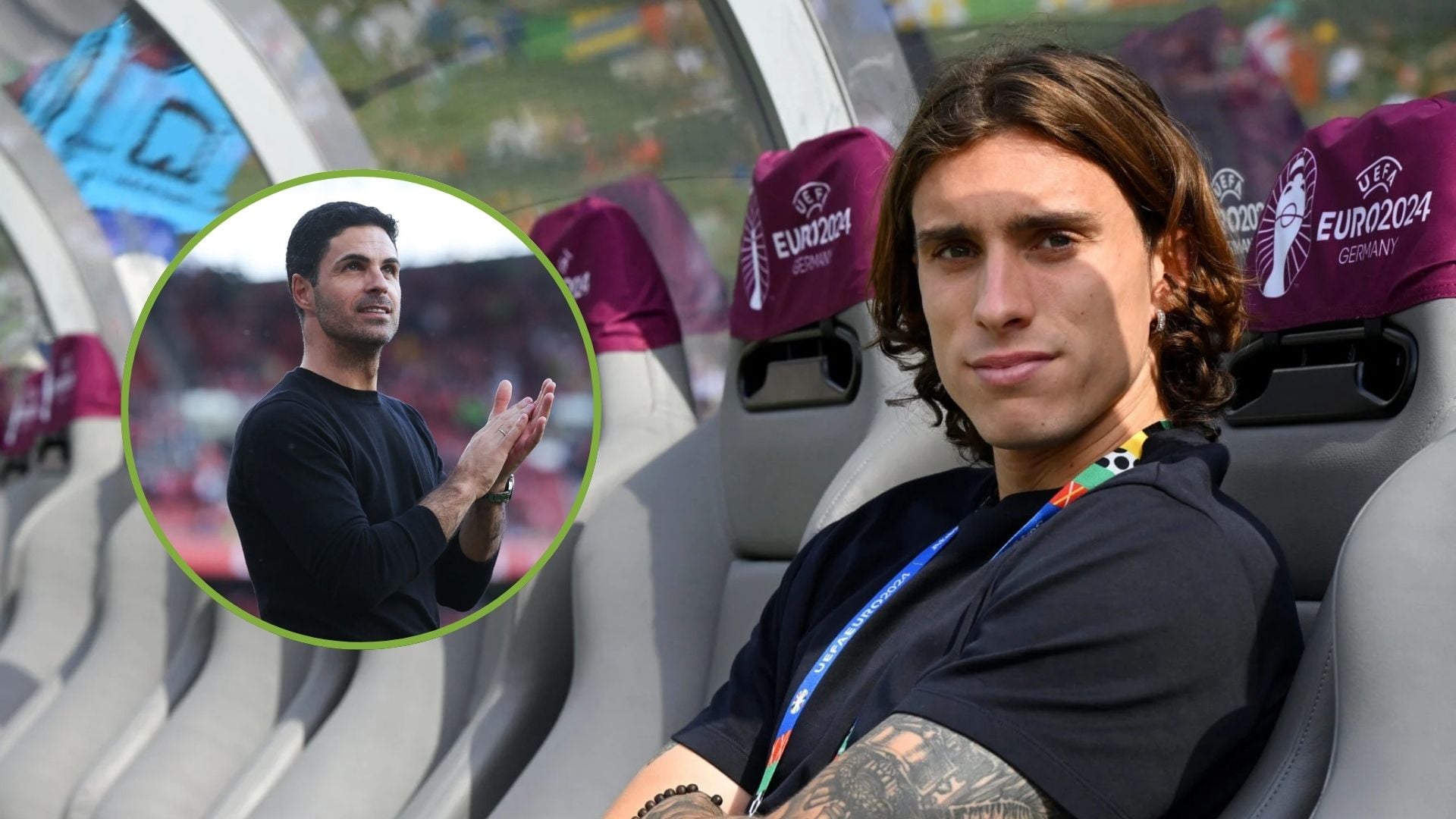 Riccardo Calafiori of Italy looks on prior to the UEFA EURO 2024 round of 16 match between Switzerland and Italy. Inset, Mikel Arteta, manager of A...