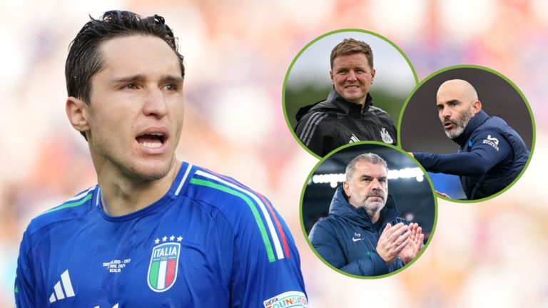 Federico Chiesa of Italy looks on during the UEFA EURO 2024. Inset, Eddie Howe, Enzo Maresca, and Ange Postecoglou.