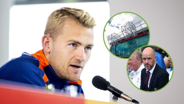 Matthis de Ligt during a media moment of the Dutch national team. Inset, a general view of the exterior of Old Trafford, and Erik ten Hag, manager ...