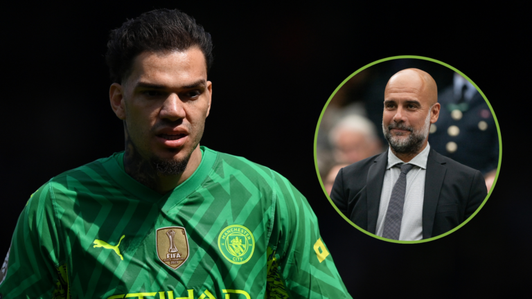 Ederson of Manchester City during the Premier League match. Inset, Pep Guardiola.