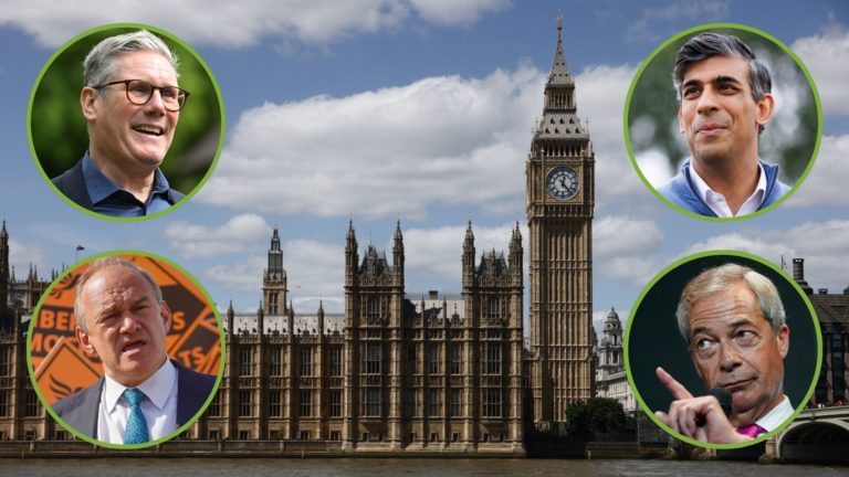 Houses of Parliament. Inset, images of Kier Starmer, Nigel Farage, Rishi Sunak, and Ed Davey.