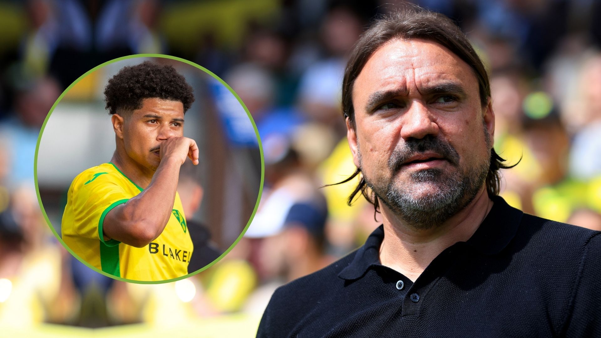 Daniel Farke, Manager of Leeds United during the Sky Bet Championship Play-Off Semi-Final. Inset, Gabriel Sara.
