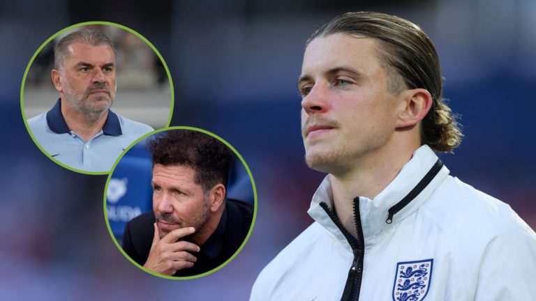 Conor Gallagher of England during the UEFA EURO 2024 group stage match. Inset, Angelos Postecoglou and Diego Simeone.