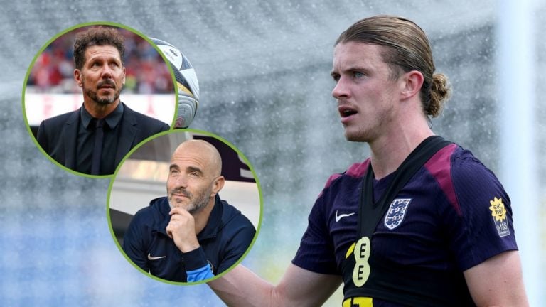 Conor Gallagher of England gets caught in a sprinkler during a training session. Inset, Enzo Maresca and Diego Pablo Simeone.