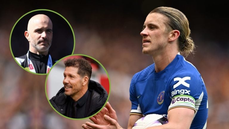 Conor Gallagher of Chelsea applauds the supporters during the Premier League match. Inset, two images of Enzo Maresca and Diego Pablo Simeone.