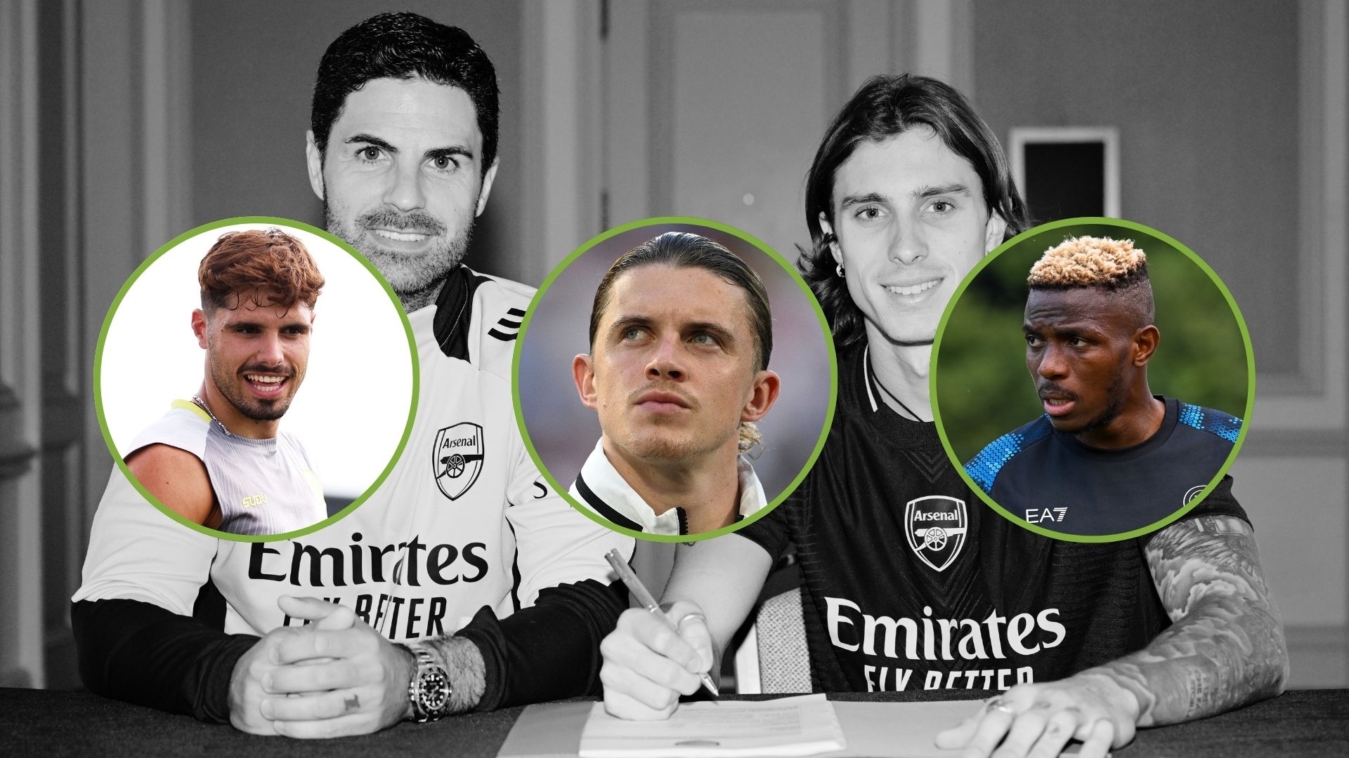 Arsenal manager Mikel Arteta with new signing Riccardo Calafiori in black and white as the background. Inset, Conor Gallagher, Victor Osimhen, and ...